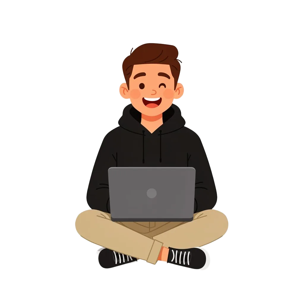 JMG Digital mascot, a friendly character working on a laptop